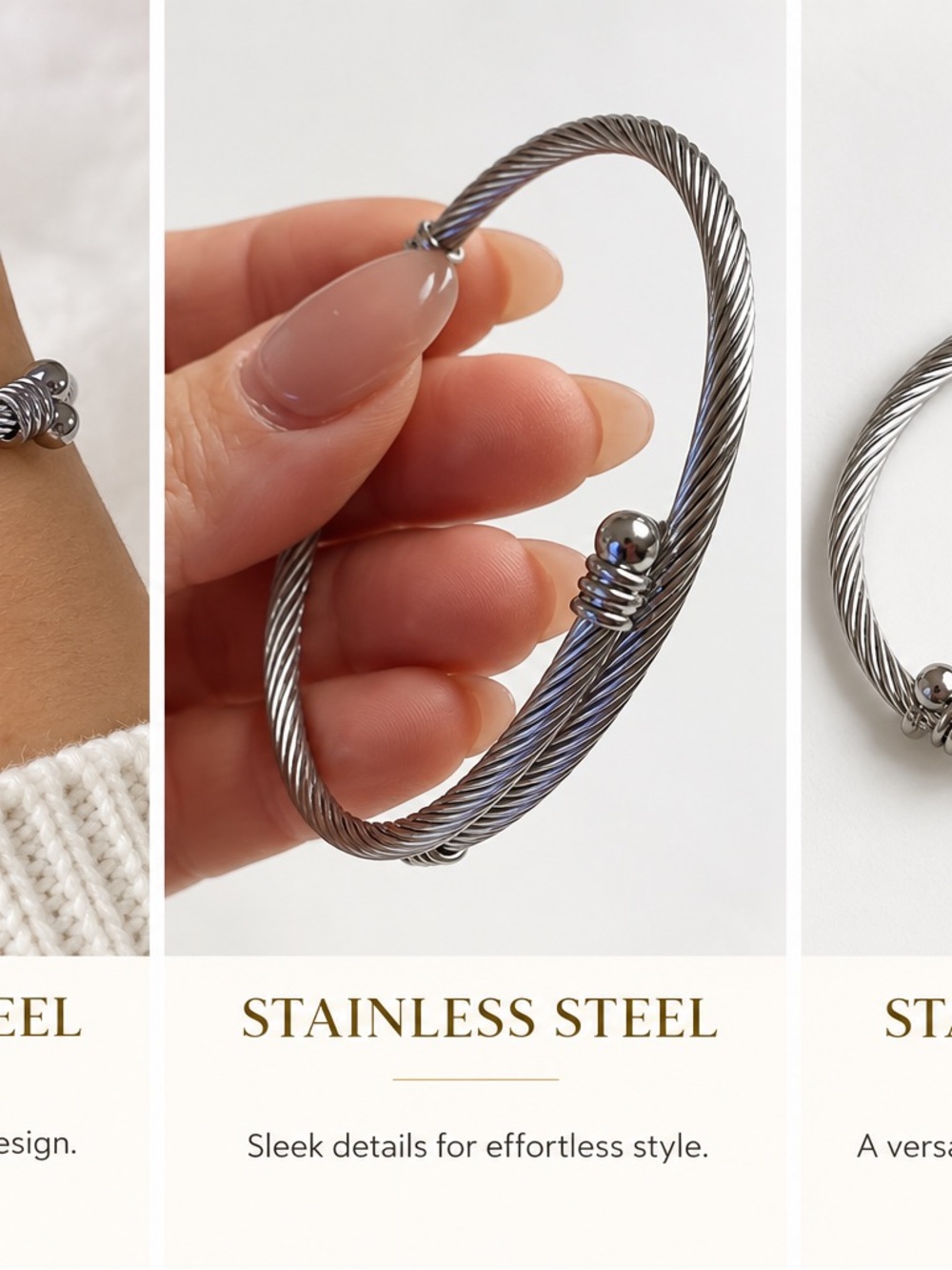 Stainless Steel Twisted Cable Cuff Bracelet - Silver